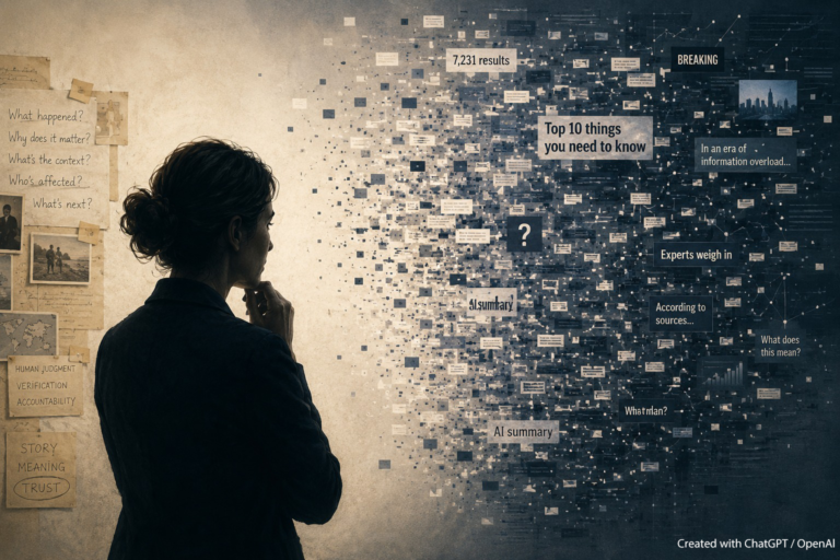 A journalist seen from behind, standing between a pinboard of editorial questions — What happened, Why does it matter, What's the context — and a dissolving cloud of AI-generated fragments including headlines, summaries, and search results