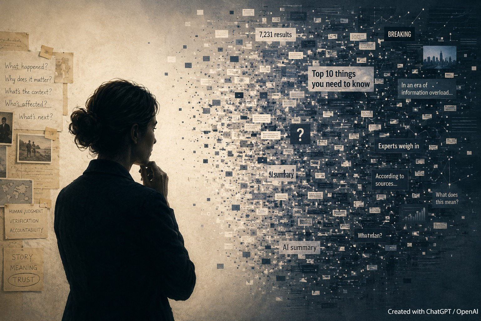 A journalist seen from behind, standing between a pinboard of editorial questions — What happened, Why does it matter, What's the context — and a dissolving cloud of AI-generated fragments including headlines, summaries, and search results