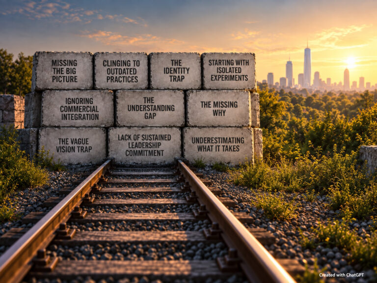 Abstract illustration accompanying an article on barriers to newsroom transformation